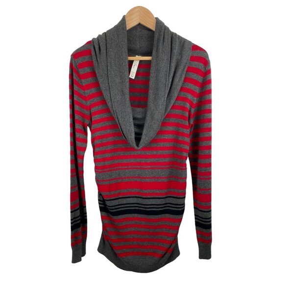 Rina Rossi Womens Size Medium Gray Red Striped Tunic Sweater Cowl Neck - Picture 1 of 8